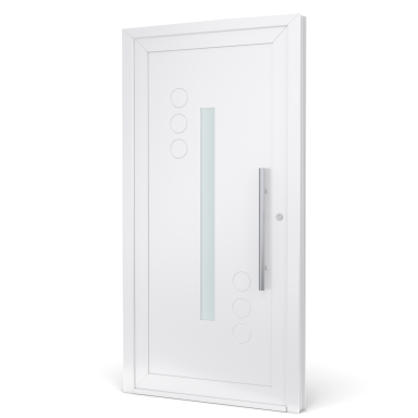 Witte deur met smalle glazen strip en moderne handgreep.