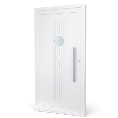 Witte deur met een ronde opening en een strakke, moderne uitstraling.