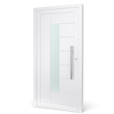 Witte deur met glazen paneel en moderne handgreep.