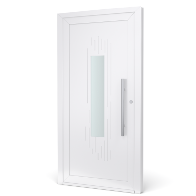 Witte voordeur met een glazen inzet en een moderne handgreep.