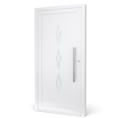 Witte deur met drie diamantvormige glazen inzetstukken en een lange, moderne deurknop.