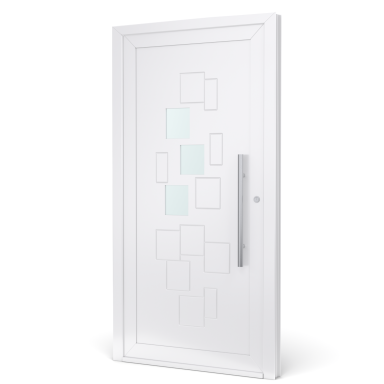 Witte deur met geometrische patronen en een moderne handgreep.