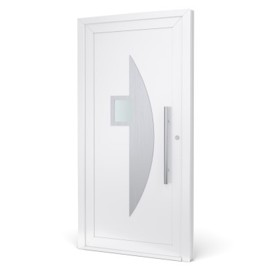 Witte voordeur met een modern ontwerp en een glazen paneel aan de zijkant.