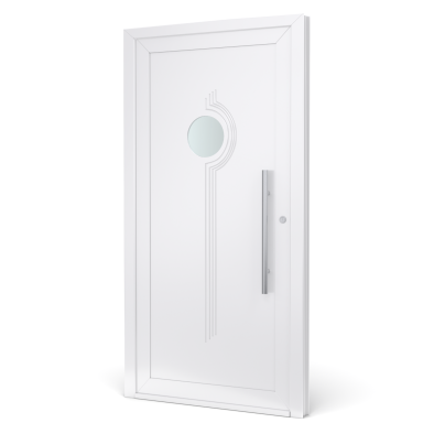 Witte deur met een cirkelvormig venster en een moderne handgreep.