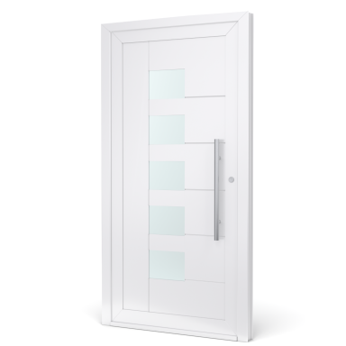Moderne witte voordeur met glazen panelen en een lange metalen handgreep.