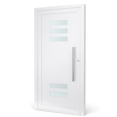 Witte deur met glazen panelen en een lange hoge handgreep.
