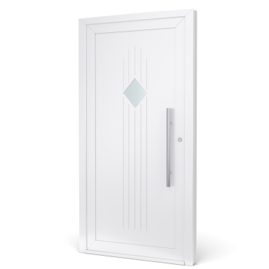 Witte deur met gekleurde diamantvorm en een lange handgreep.