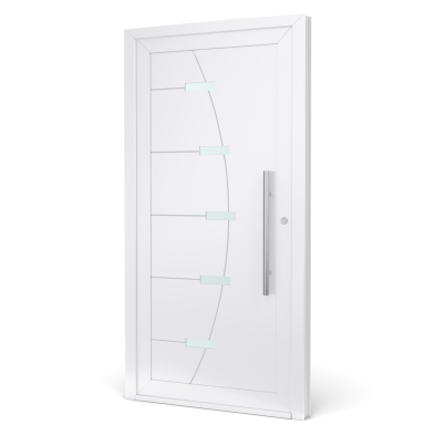 Witte deur met glazen elementen en een moderne handgreep.