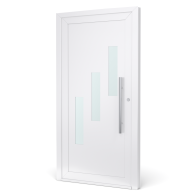 Een moderne witte deur met drie verticale glazen panelen en een lange handgreep.