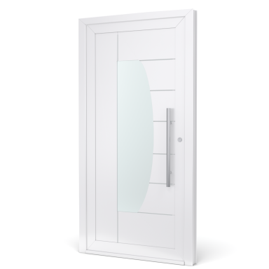 Witte deur met een gebogen glaspaneel en een moderne handgreep.