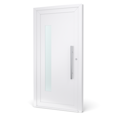 Witte deur met een glazen paneel en een metalen handvat.
