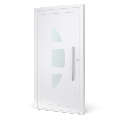 Witte deur met glazen details en een moderne handgreep.