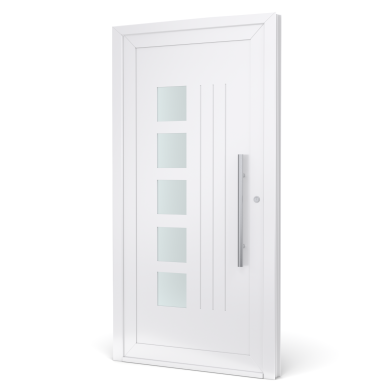Witte deur met vier glazen panelen en een lange zilveren deurknop.