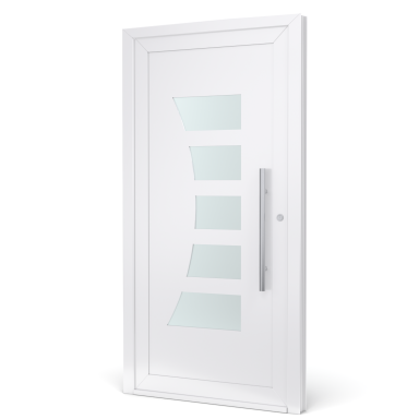 Witte deur met glazen panelen en een lange zilveren handgreep.