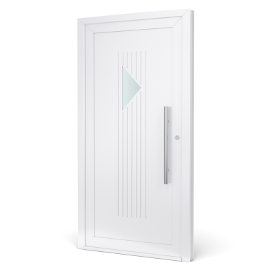 Witte deur met verticale lijnen en een driehoekig glazen venster.