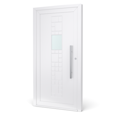 Witte voordeur met een glazen inzet en moderne handgreep.