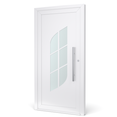 Witte deur met een grote glasraam in een moderne vormgeving.